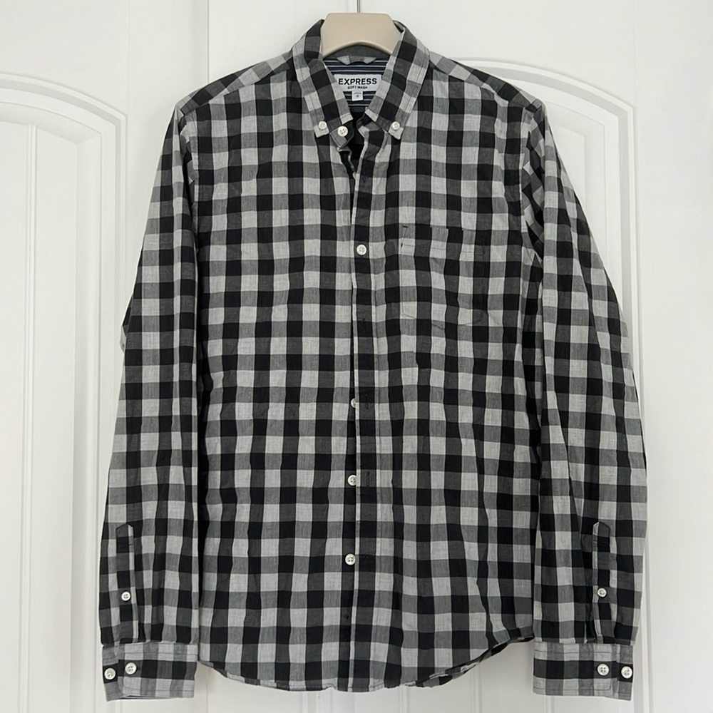 Express Men’s Grey Gingham Long Sleeve Shirt, Size M